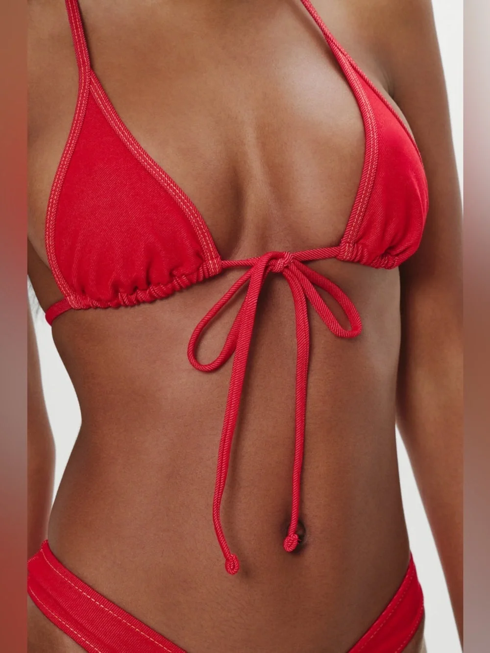 Frankie’s Bikinis Red Denim Bikini SET Sexy Full Moon Paradise Halter Large